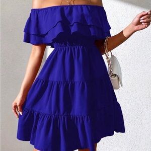 SHEIN Off-Shoulder Ruffle Tiered Mini Dress in Cobalt